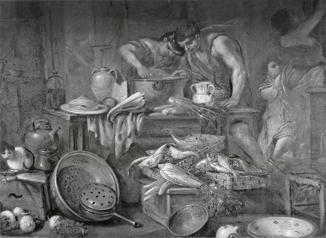Anonimo — Valentino Giovan Domenico - sec. XVII/ XVIII - Interno di cucina con stoviglie, ortaggi, pesci e figure maschili — insieme